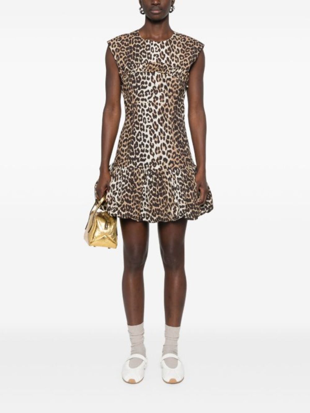 Ganni leopard print bubble hem cotton mini dress size 6